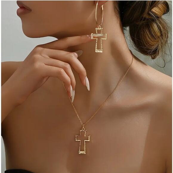 NEW - Set of 3 Gold Cross Necklace Earrings Set, Faith - Picture 2 of 3
